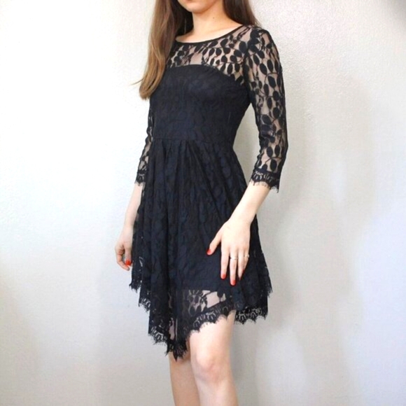 Free People Dress Black Lace Boho 'Queens Love' Mini Ribbon Waist - Picture 1 of 10